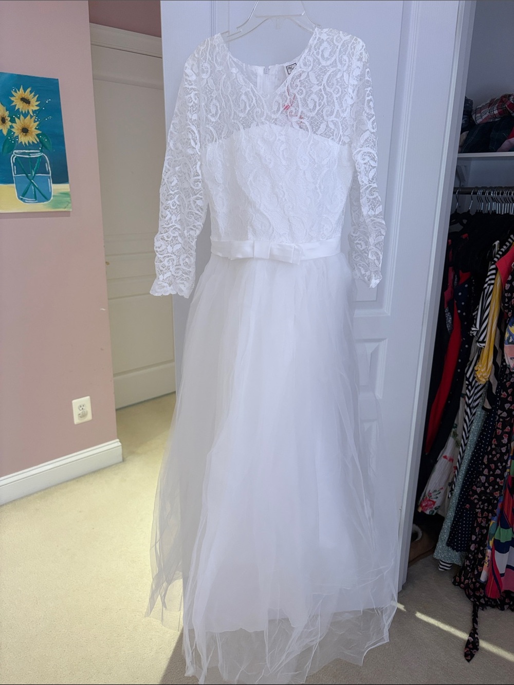 White Lace & Tulle Long Sleeve Bridal/Bridesmaid/Communion Dress